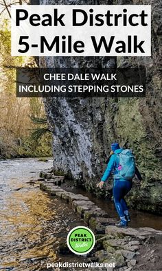 a person walking along a river with the words peak district 5 - mile walk including stepping stones