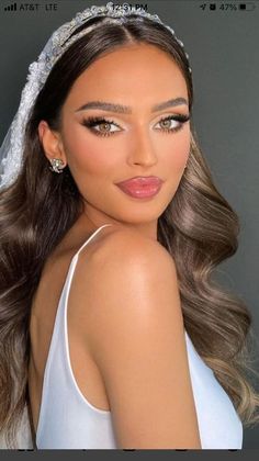 a woman with long hair wearing a veil and tiara on her head is looking at the camera