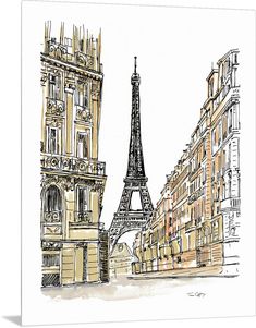 a drawing of the eiffel tower in paris, france with buildings around it