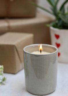 a white candle sitting on top of a table next to a potted plant and box