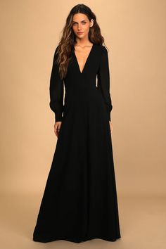 Black Maxi Dress - Chic Open Back Dress - Long Sleeve Maxi Dress - Lulus Long Sleeve Maxi Dresses, Black Bridesmaids, Backless Maxi Dress, Fall Wedding Guest Dress, Black Bridesmaid Dresses, Backless Maxi Dresses, Long Black Dress, Chiffon Maxi Dress, Long Sleeve Maxi