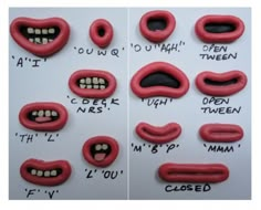 some fake teeth and mouth shapes are shown in three different pictures, one is red the other is black