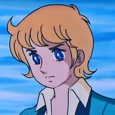 an anime character with blonde hair and blue eyes looks at the camera while standing in front of water