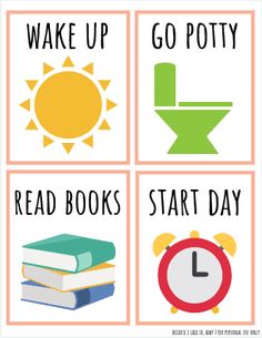 four different signs with words that say wake up, go potty, read books, start