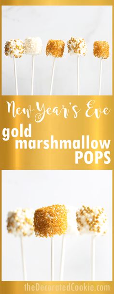 new year's eve marshmallow pops with gold and white sprinkles