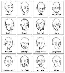 an image of different facial expressions for children to learn how to draw faces and head shapes