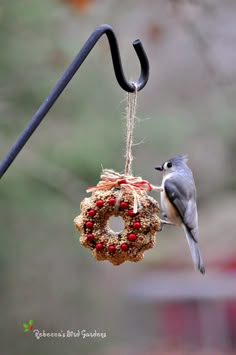 a bird feeder hanging from a black metal pole with a blue and white bird perched on it's side