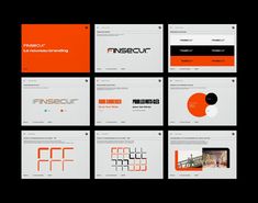 six different types of business cards with orange and black accents