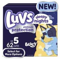 Size 5 Introducing Luvs Platinum Protection Sleepy Nights Featuring Bluey! Luvs Nighttime Disposable Diapers Are Now Better Than Ever* And Have Up To 12-Hours Of Triple Leak Guard Protection. But Our All-Night Leak Protection Doesn't Stop There. Secure Cuffs And Stretchy Sides Keep Leaks Locked In Where They Happen The Most. Kids Bath, Baby Size, Kids Shop, Skin