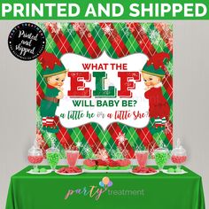 an elf themed baby shower party with red, green and white candy bar wrappers