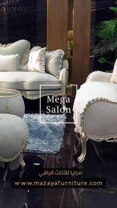 a couch, chair and ottoman are on display in a store window with the words mega salon above it