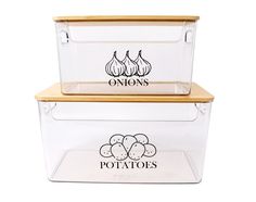 two plastic storage containers with lids and wooden handles, one containing onion's logo