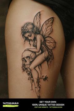 a tattoo design with a fairy holding a skull on it's thigh and the words get your own 10 % unique tattoo design