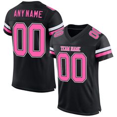 a women's black football jersey with pink and blue trims on the chest