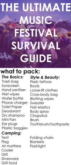 the ultimate music festival survival guide for families and teens, with text overlaying it