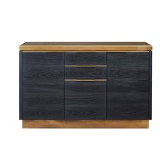 a black and gold sideboard with two drawers, one door open to the other