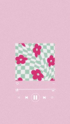 a pink and green checkered wallpaper with flowers on the screen, next to an mp3 player