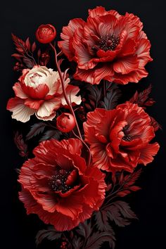 red and white flowers on a black background