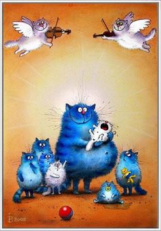 a group of blue cats standing next to each other in front of an orange background