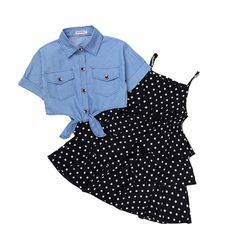 Brand Name: DOCHEERMaterial: COTTONMaterial: PolyesterGender: GirlsAge Range: 4-6yAge Range: 7-12yStyle: CasuaSeason: SummerCollar: Turn-down CollarItem Type: SetsClosure Type: Single BreastedModel Number: NONESleeve Length(cm): SHORTSleeve Style: RegularFit: Fits true to size, take your normal sizeOuterwear Type: ShortsPattern Type: polka dotDepartment Name: Children Short Sleeve Coat, Denim Jacket Fashion, Girl Sleeves, Printed Casual Dresses, Summer Outfits Kids, Cool Baby, Set Outfits, Childrens Dress, Polka Dot Skirt