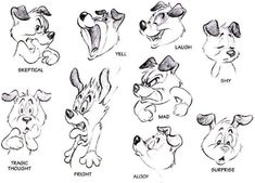 some cartoon character expressions drawn in pencil and ink, with the words's written on them