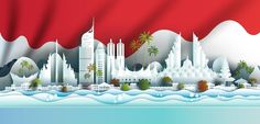 the city is surrounded by mountains and palm trees in this paper cut art style illustration