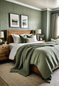 a bedroom with green walls and bedding in the center, two framed pictures on the wall