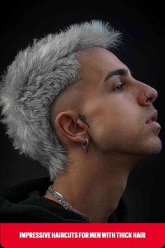 Silver Thick Mohawk with No Fade for Guys Thick Mohawk, Men With Thick Hair, High Volume Hair, Men Short Hair Fade, Silver Hair Men, Bleached Hair Men, Mohawk Hairstyles Men