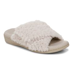 Uppers: Faux-fur or faux-shearling. Durable synthetic outsole designed to withstand everyday wear designed for indoor and outdoor use. Flexible EVA midsole absorbs shock reducing stress on feet ankles and knees. Adjustable hook-and-loop closure for customized fit and easy on-and-off. Built-in VIO MOTION Technology footbed featuring contoured arch support with shock-absorbing cushioning deep heel cup to provide stability and forefoot flexibility. Heel Height: 1.4" Received APMA Seal of Acceptance. | Vionic Women's Relax II Slipper with Arch Support in Off White Fur, Size 10 Slippers With Arch Support, Faux Fur Slides, Open Toe Slippers, Slide Slippers, Vionic Shoes, Faux Fur Fabric, Fur Fabrics, White Fur, Designer Sandals