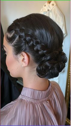 Achieve timeless sophistication with the Braided Low Bun, a graceful style that complements round faces with its elegant simplicity! This chic updo combines the classic bun with intricate braids, perfect for weddings, formal events, or adding a touch of polish to your everyday look. Discover more stunning braids and follow us for daily hair inspiration! #BraidedLowBun #LowBunHairstyle #RoundFaces #BraidInspiration #HairGoals Updo Hair With Braid, Cute Bun Hairstyles With Braid, Cute Low Braid Hairstyles, Low Bun With Braids Hairstyles, Hair Up With Braids, Bun Hairstyles Dance, Braid To Low Bun, Braided Bun Hairstyle, Braid With Bun Hairstyles