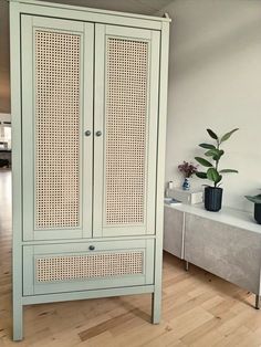 an armoire with wicker doors in a room next to a potted plant