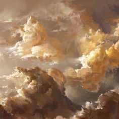 a painting of clouds in the sky with yellow and brown colors on it's sides