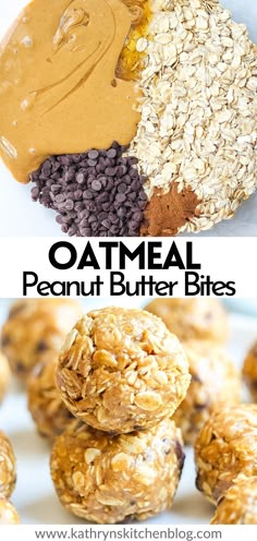 oatmeal peanut butter bites are stacked on top of each other with the words,