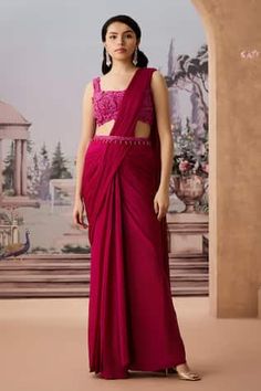 Magenta pre-draped saree in a solid textured base. Comes with applique embroidered padded blouse, embellished by beads and sequins. Paired with embellished belt. - Aza Fashions Magenta Saree, Solid Saree, Applique Blouse, Draped Saree, Embellished Belt, Padded Blouse, Drape Saree, Blouse For Women, Floral Applique