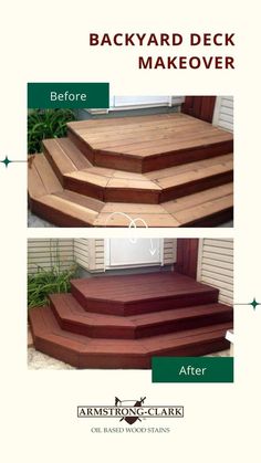 the steps before and after being cleaned with wood staining on them, in front of a house