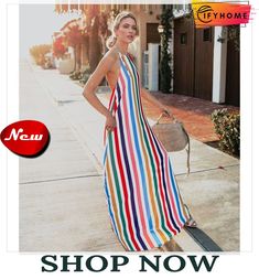 Women Sling Backless Beach Stripe Evening Party Long Maxi Sundress Summer Sleeveless Dress With Spaghetti Straps For Beach Party, Trendy Backless Summer Sundress, Summer Sleeveless Dress With Spaghetti Straps, Sling Dresses For Beach Season, Spring Beachwear Sleeveless Spaghetti Strap Dress, Spring Beachwear Sleeveless Dress With Spaghetti Straps, Summer Sleeveless Dress With Spaghetti Straps For Vacation, Chic Sleeveless Spaghetti Strap Dress For Beach Season, Chic Sleeveless Dress With Spaghetti Straps For Beach Season