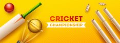 an image of a cricket game with balls, bats and ball markers on yellow background