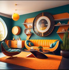 an orange and blue living room with modern furniture on the wall, potted cactus in the corner