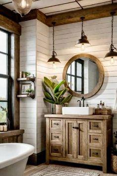 a bathroom with a tub, sink and mirror