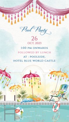 the pool party flyer is designed to look like it has been set up for an outdoor event