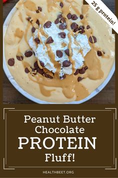 the peanut butter chocolate protein fluff is on a plate with whipped cream and chocolate chips