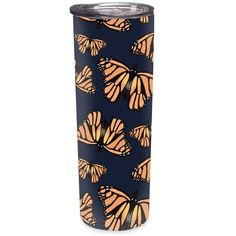 a blue and orange tumbler with monarch butterflies on it