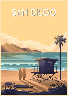 a poster with a lifeguard tower and surfboards on the beach in san diego, california