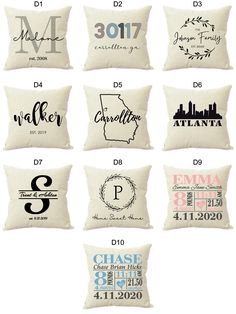 six pillows with different designs on them, one is white and the other is black