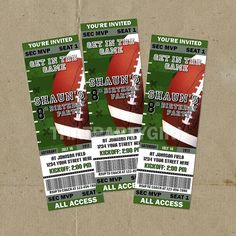 three football ticket cards with the words shaun's in white and green on them