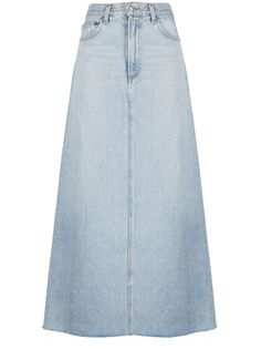 Shop AGOLDE maxi denim skirt Maxi Denim Skirt, Chanel Cruise, Mode Abaya, Womens Maxi Skirts, Fringe Skirt, Denim Maxi Skirt, Blue Maxi, Jeans Rock, Skirt Design