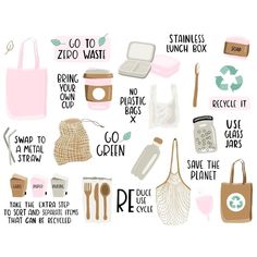 various items that are used to clean up the environment and reduce pollution, including plastic bags,