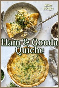 ham and goula quiche on a plate next to a bowl of greens with a fork