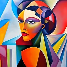 an abstract painting of a woman's face with multiple colors and shapes on it