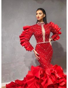 Red Luxury Gown For Gala, Glamorous Red Ball Gown For Prom, Luxury Red Evening Dress, Elegant Red Ball Gown With Sweep Train, Ruffled Evening Dress For Wedding Gala, Luxury Red Prom Evening Dress, Luxury Red Evening Dress For Prom, Red Ball Gown For Red Carpet, Luxury Red Gala Dress